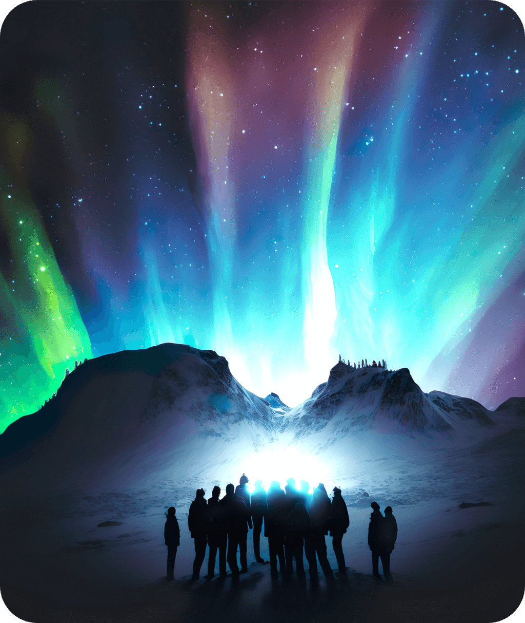 Une aurore boréale composée de lumière rouge, bleu et vert apparaît derrière des montagnes. En avant-plan, il y a un groupe de personnes qui observe l’aurore.