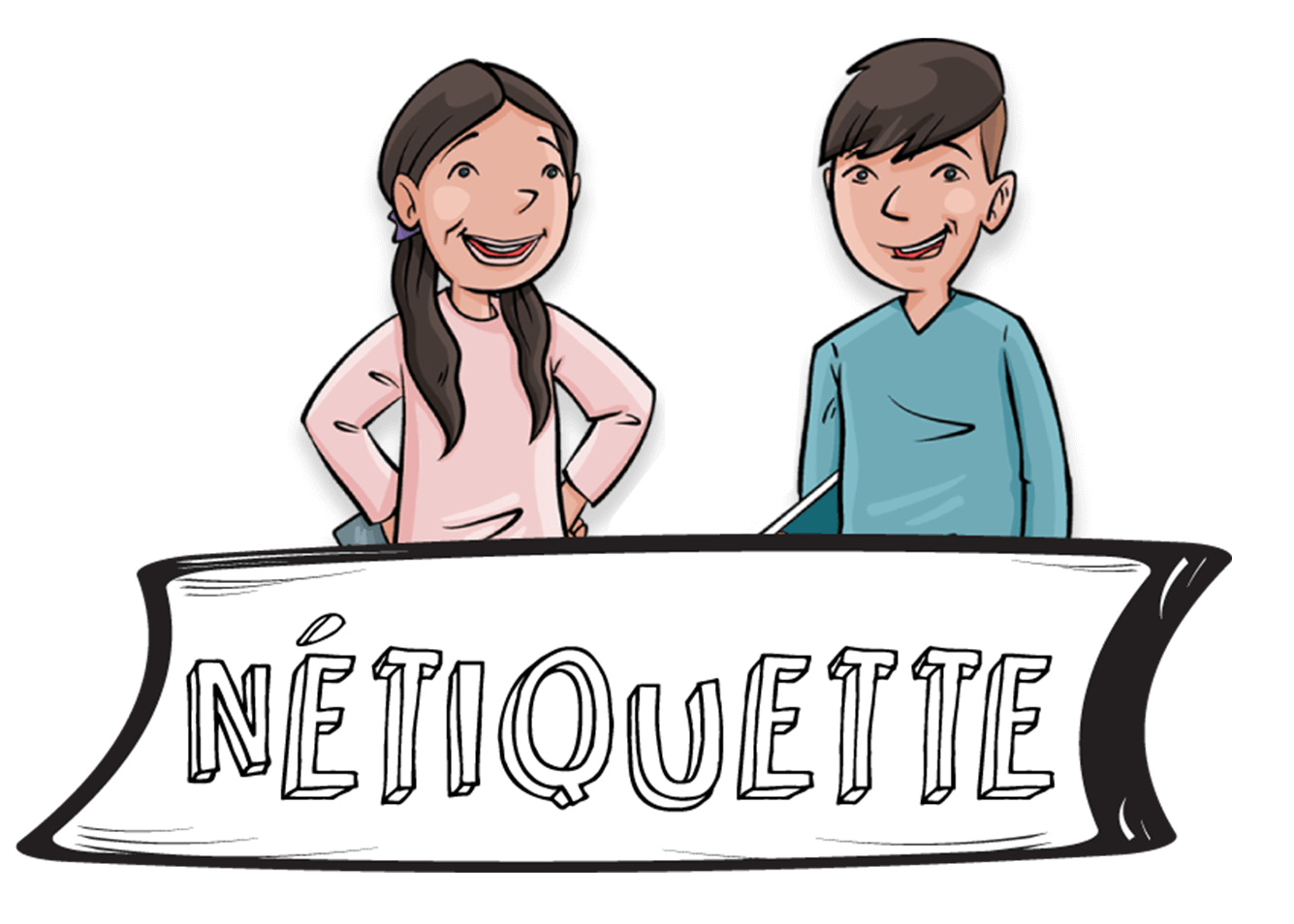 Introduction de la rubrique. Un portrait de Fatoumata et Raphaël et le titre de la rubrique : « Nétiquette ». 