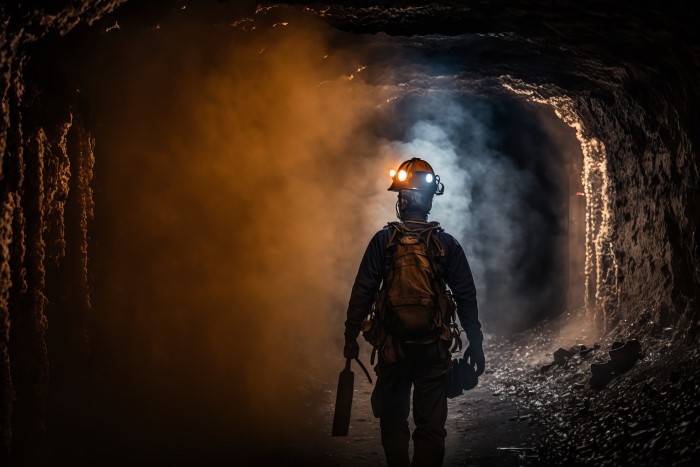 Un ouvrier minier qui marche dans u8n tunnel enfumé. 