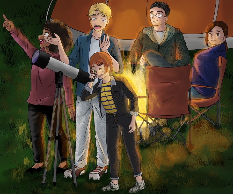 Mika observe les étoiles avec un télescope. Il est avec des membres de sa famille. Ils sont assis autour d’un feu. 