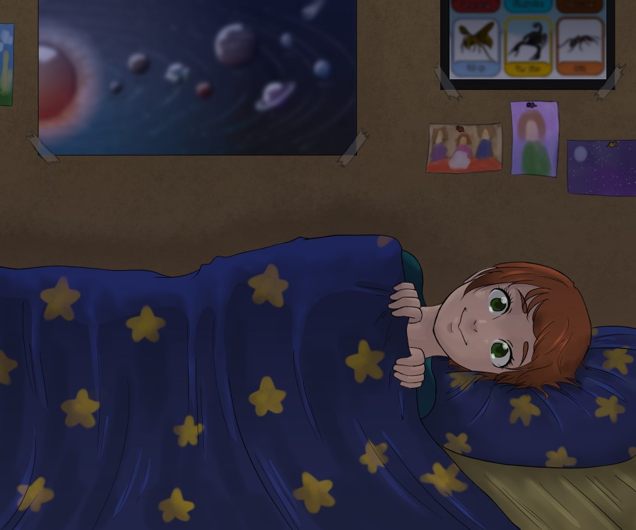 Mika est couché dans son lit. Sur les murs derrière lui il y a des images de planète. 