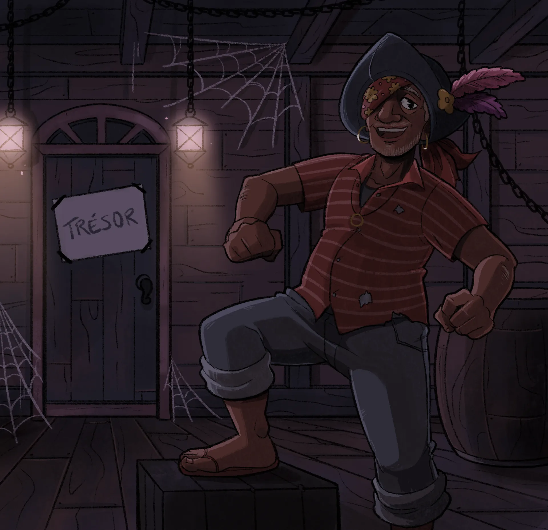 Dans une pièce sombre avec des toiles d’araignée, un pirate souriant se tient sur une boite en bois. En arrière-plan, on peut voir une porte portant l’inscription « Trésor ».