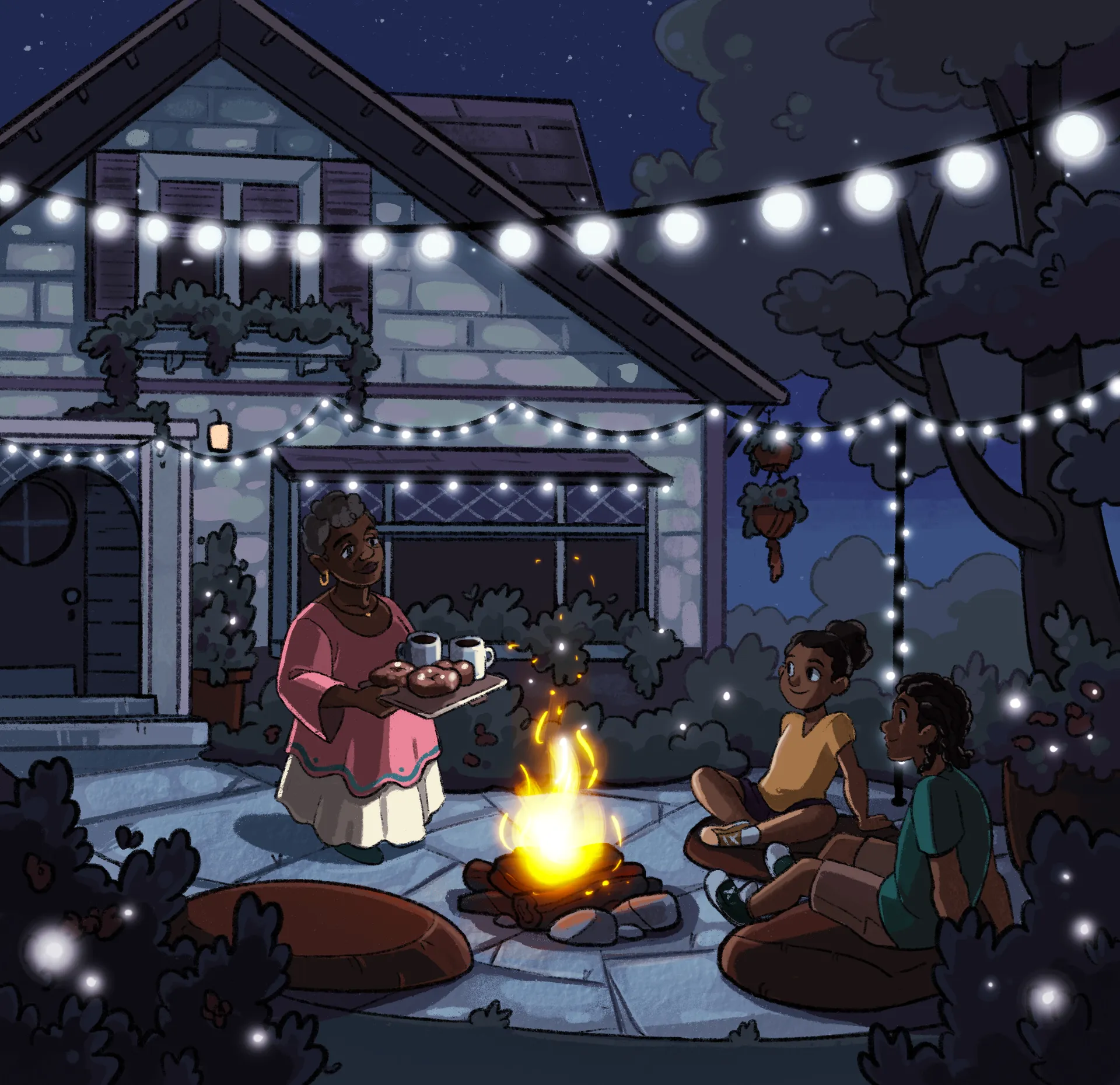 Il fait nuit. Malik et Lina sont de retour chez leurs grands-parents. Ils sont assis sur des coussins autour d’un feu de camp. Leur grand-mère leur apporte des brioches et du chocolat chaud. Des petites lanternes sont suspendues tout autour d’eux. 