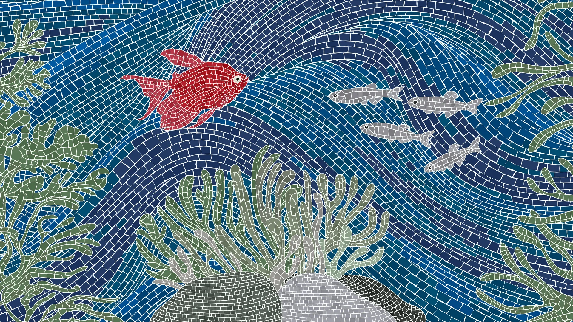 Mosaïque sur laquelle on peut voir un paysage marin avec des poissons et des plantes aquatiques.  