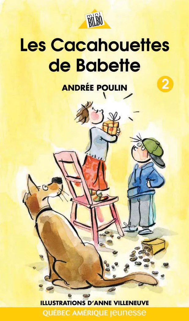 Page couverture de « Les Cacahouettes de Babette », livre d’Andrée Poulin. En illustration de couverture, on peut voir une jeune fille debout sur une chaise tenant un paquet. À sa droite, on peut voir un jeune garçon et, devant elle, un chien. Il y a un paquet de cacahuettes renversé sur le sol.