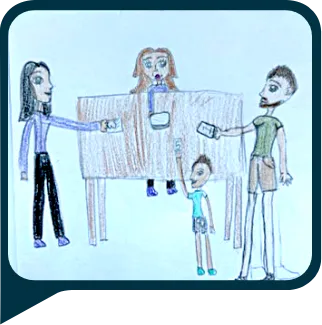 Dessin d'enfant d'une famille jouant au Uno