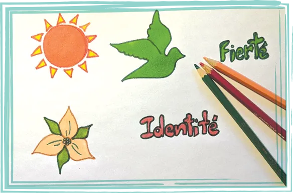 Photo sur laquelle on peut voir les dessins d’un soleil, d’une fleur de trille et d’un oiseau. Les mots « Fierté » et « Identité » sont aussi dessinés.  