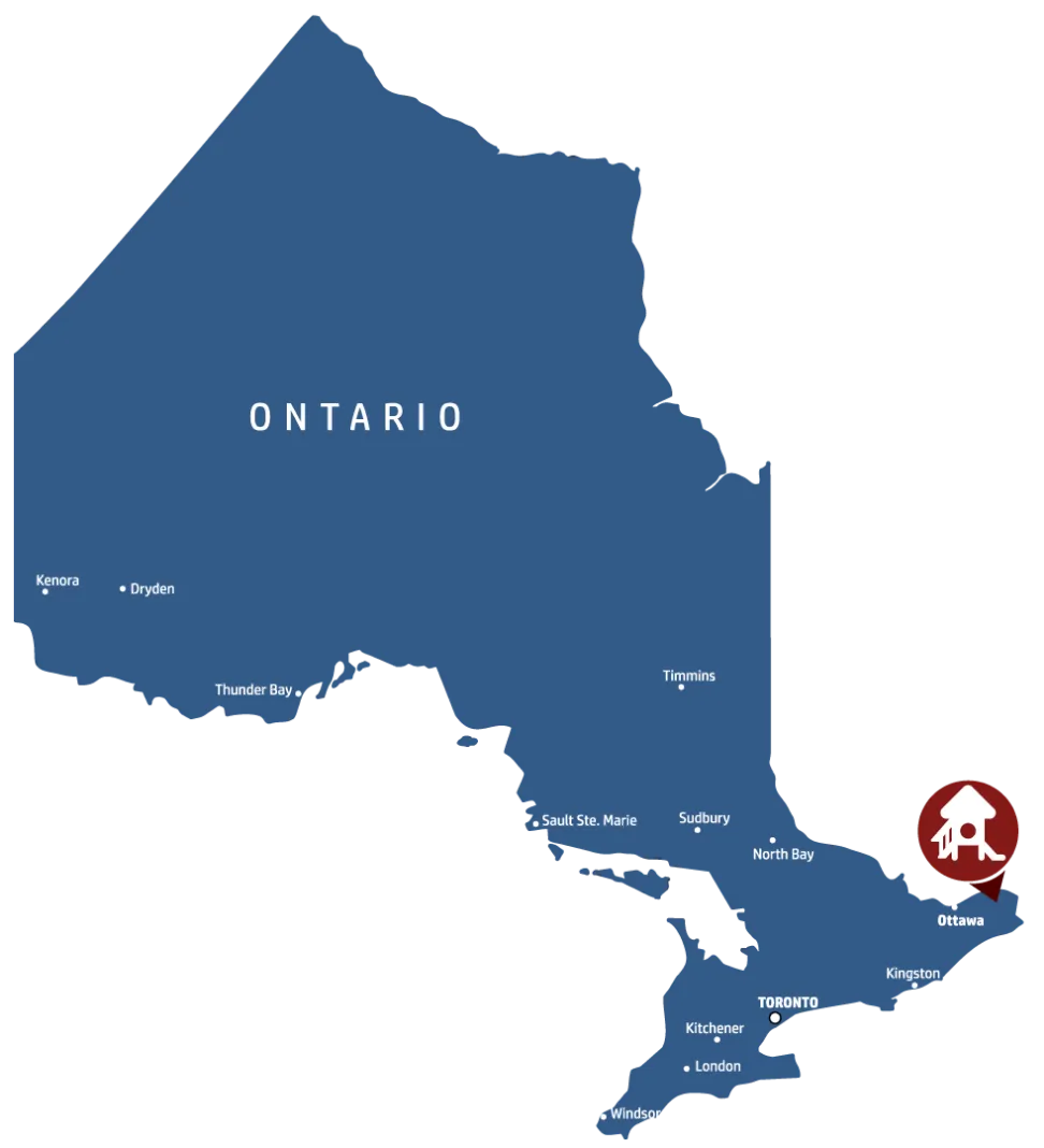 Illustration d’une carte de l’Ontario. Une icône de parc indique l’emplacement du parc Évanturel, dans lequel est enterrée une capsule temporelle.  