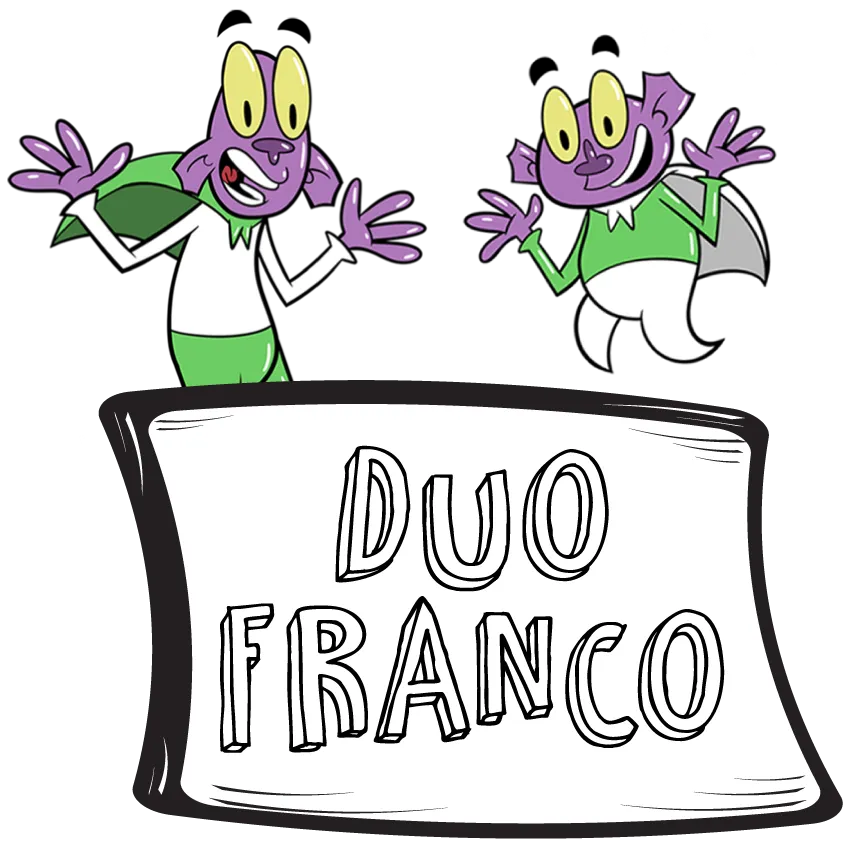 Titre: « Duo Franco ».       Illustration sur laquelle il y a deux extraterrestres mauves.  