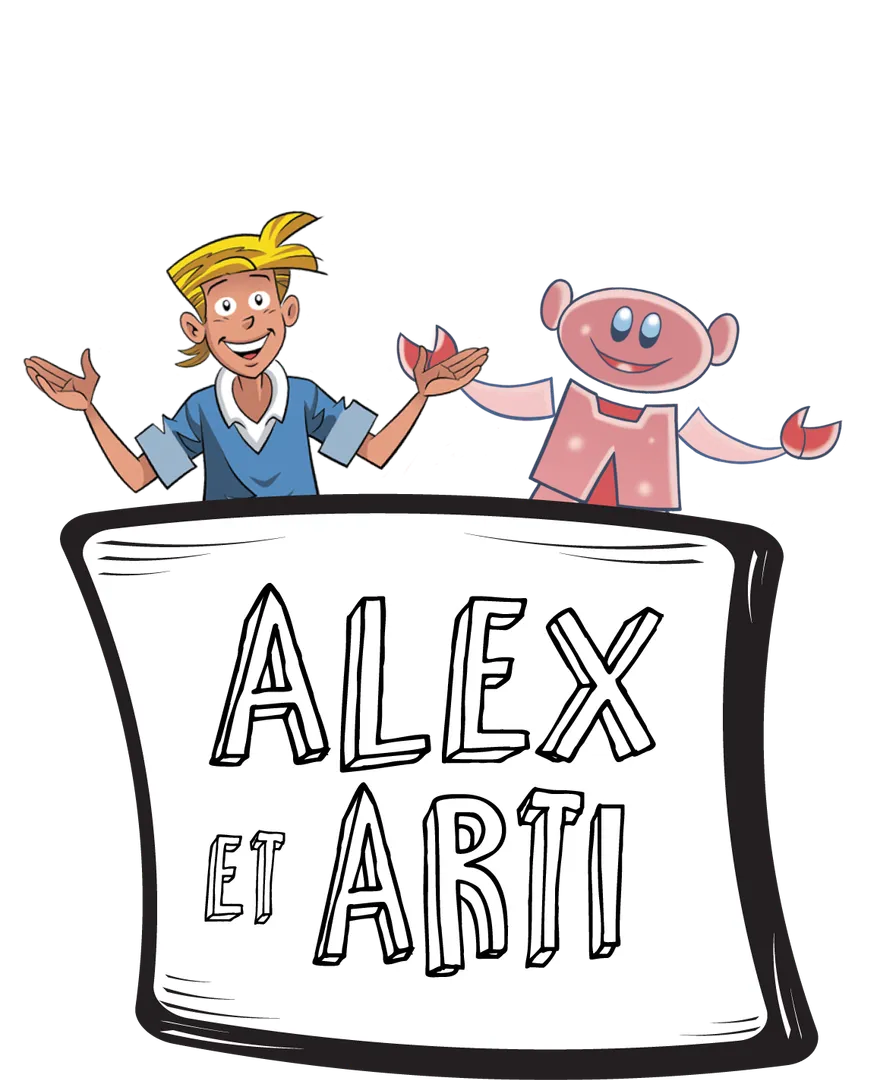 Titre : « Alex et Arti ».       Illustration sur laquelle apparaissent deux personnages: Alex, un jeune homme et Arti, un robot 