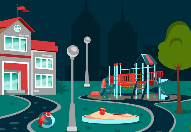 Illustration d'un quartier avec une école et un parc
