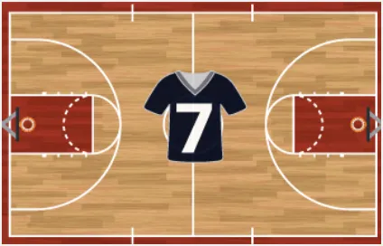 Illustration sur laquelle on peut voir un terrain de basketball. Au centre du terrain, on peut voir un chandail sur lequel est inscrit le chiffre 7.  