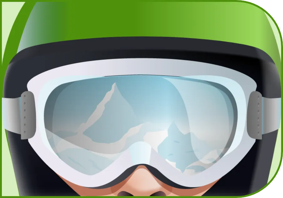 Illustration de la tête d’une personne portant un casque vert et des lunettes de ski. On peut voir le reflet d’un paysage de montagnes dans les lunettes.