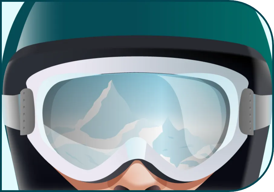 Illustration de la tête d’une personne portant un casque bleu et des lunettes de ski. On peut voir le reflet d’un paysage de montagnes dans les lunettes.