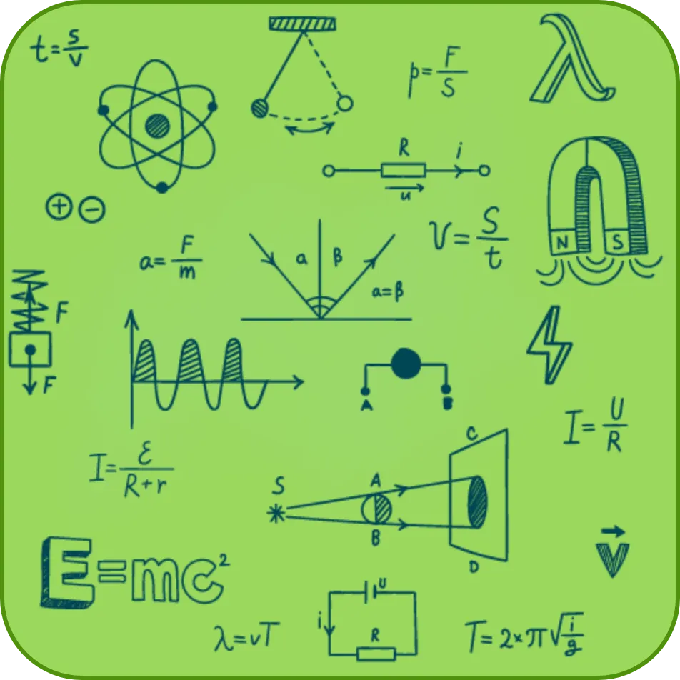 divers objets scientifiques : diagramme atomique, aimant, théorie de la relativité, formules de physique