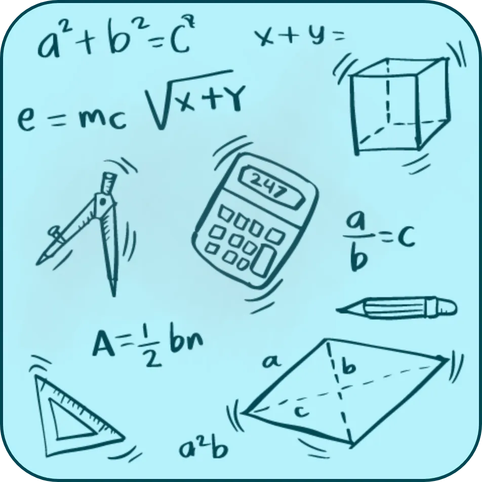 Divers objets mathématiques : boussole, calculatrice, crayon, diagramme cubique, formules