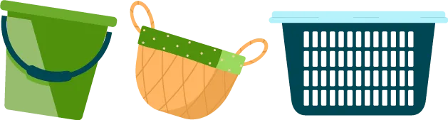Illustration représentant un seau, un panier en osier et un bac en plastique 