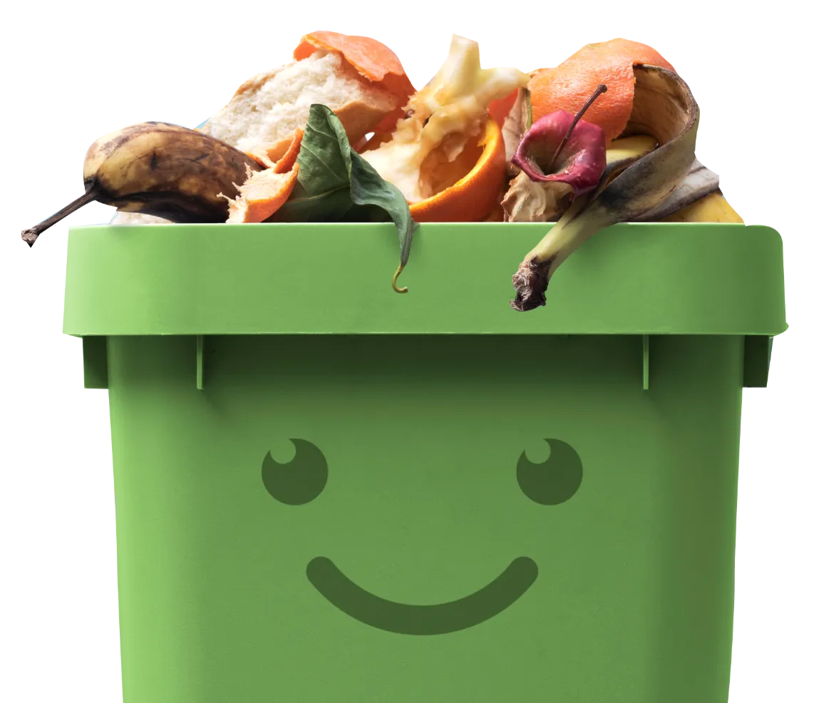 Photo d’un bac de compost qui sourit. 