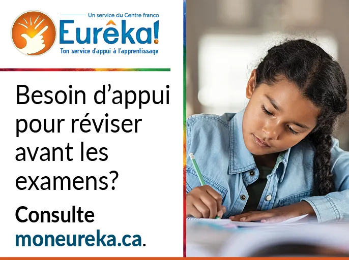 Pour obtenir de l’aide aux devoirs gratuitement par clavardage, rends-toi sur le site « Mon eurêka point C A ». « Mon eurêka » est écrit en un seul mot.