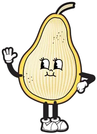 Une demi-poire avec un visage, des bras et des jambes.