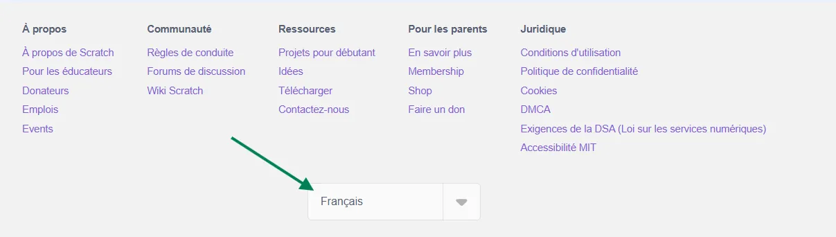 Le menu déroulant est situé sous les colonnes « Ressources » et « Pour les parents ».