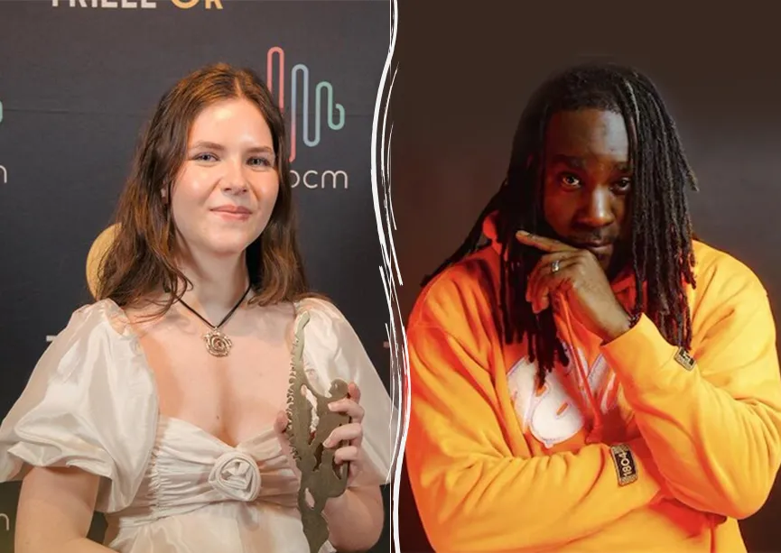 Sophie Grenier tenant une statuette qu’elle a gagnée. À côté : LeFLOFRANCO