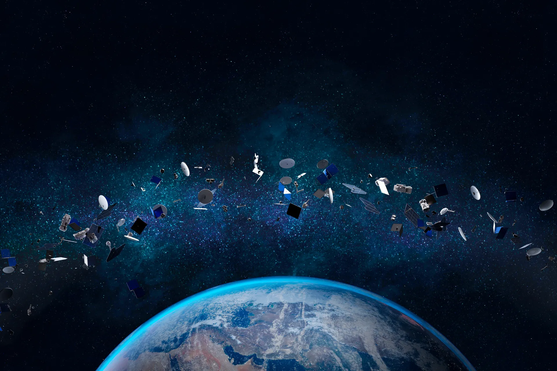 Illustration d’une partie de la Terre autour de laquelle gravitent divers débris en orbite.