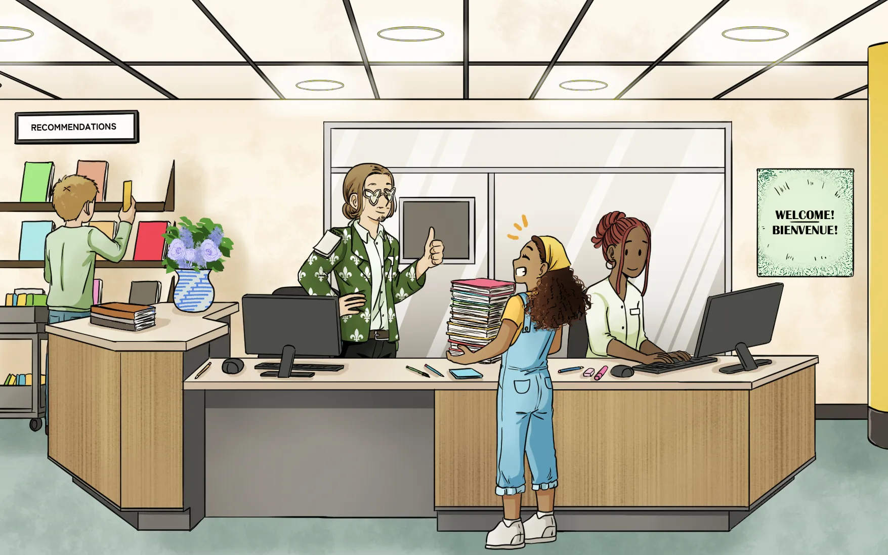 Heureuse, Jasmine tient une pile de livre qu’elle va emprunter. Derrière le comptoir de la bibliothèque, Lysandre lui fait un signe de pouce.