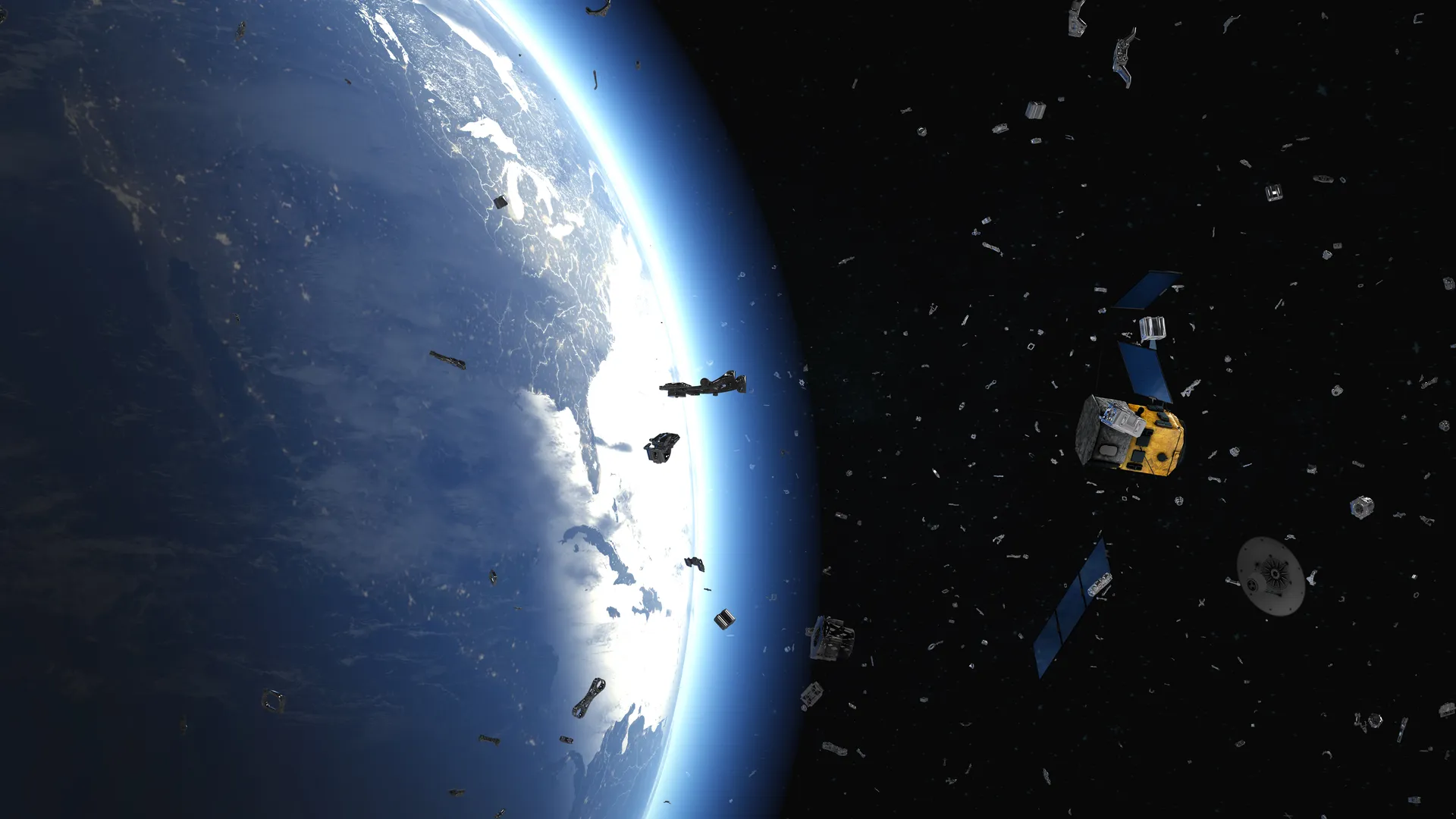 Photo illustrant une variété de débris en orbite autour de la Terre.