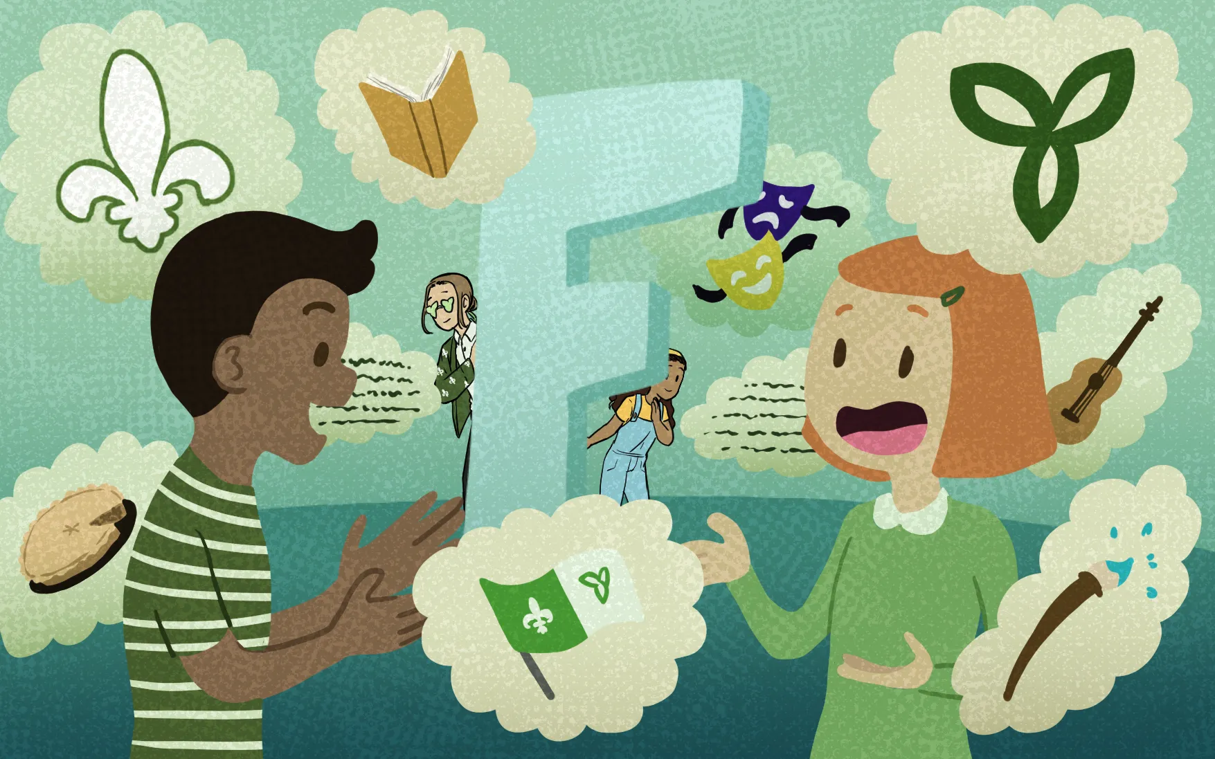 Cachés derrière un F géant, Jasmine et Lysandre observent un garçon et une fille qui discutent. Dans des nuages, plusieurs symboles flottent: un drapeau franco-ontarien, un livre, des fleurs de lys et de trille, des masques de théâtre.