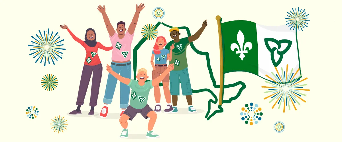 Cinq personnes d’âges et d’origines culturelles variés aux vêtements ornés de lys et de trilles, à côté d’un drapeau franco-ontarien, sous des feux d’artifice.