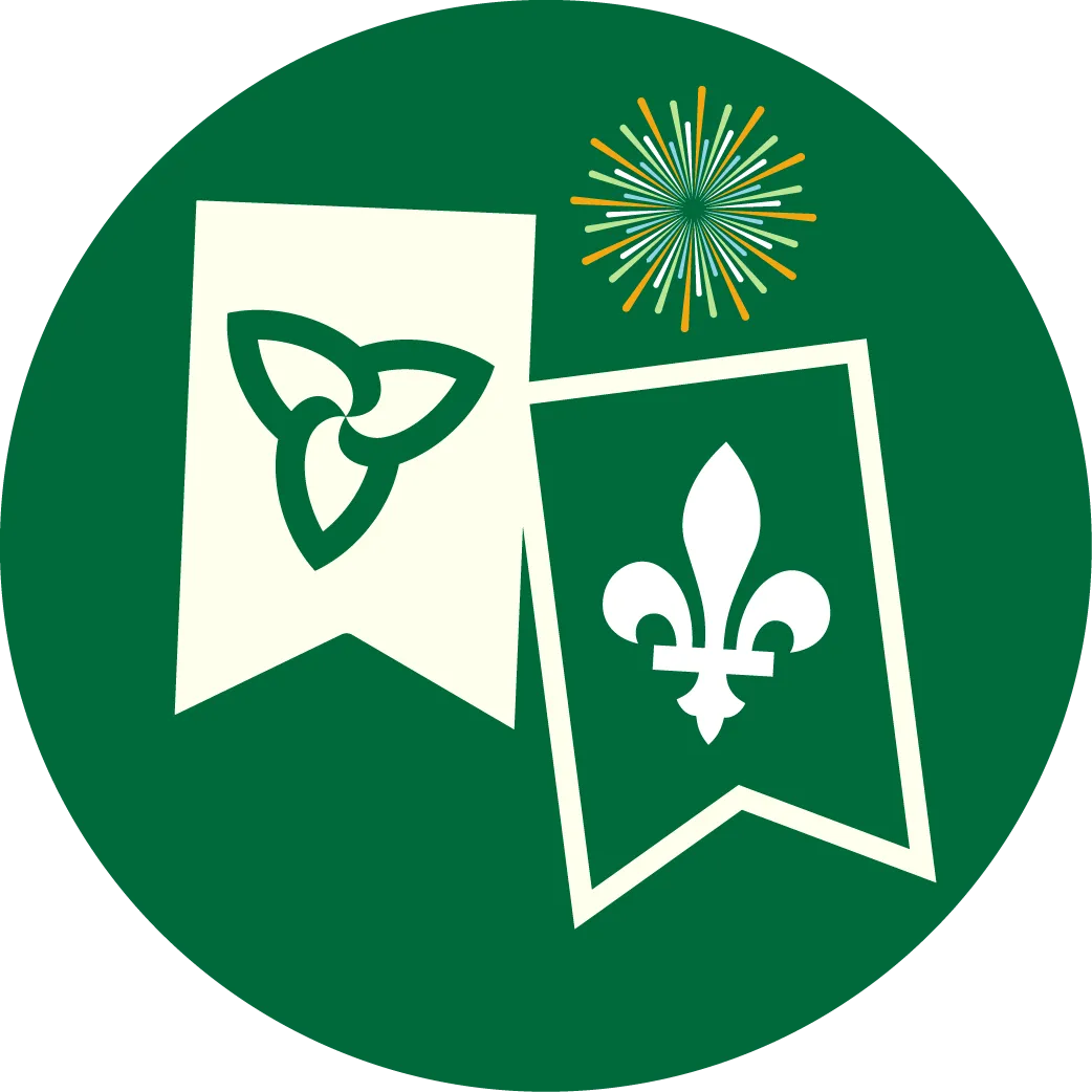 Deux rubans : le premier est blanc avec un trille vert, le deuxième est vert avec une fleur de lys blanche.