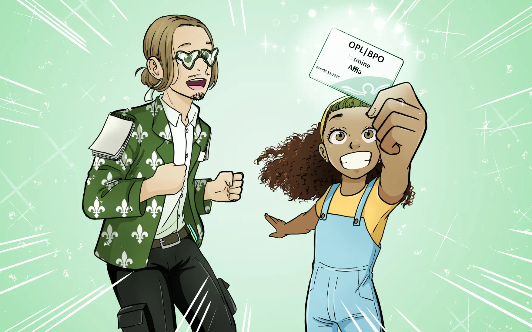 Jasmine lève sa carte de bibliothèque dans les airs. À ses côtés, Lysandre est enthousiaste.