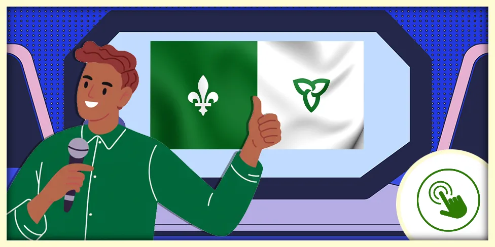 Une personne avec micro et pouce levé devant le drapeau franco-ontarien.