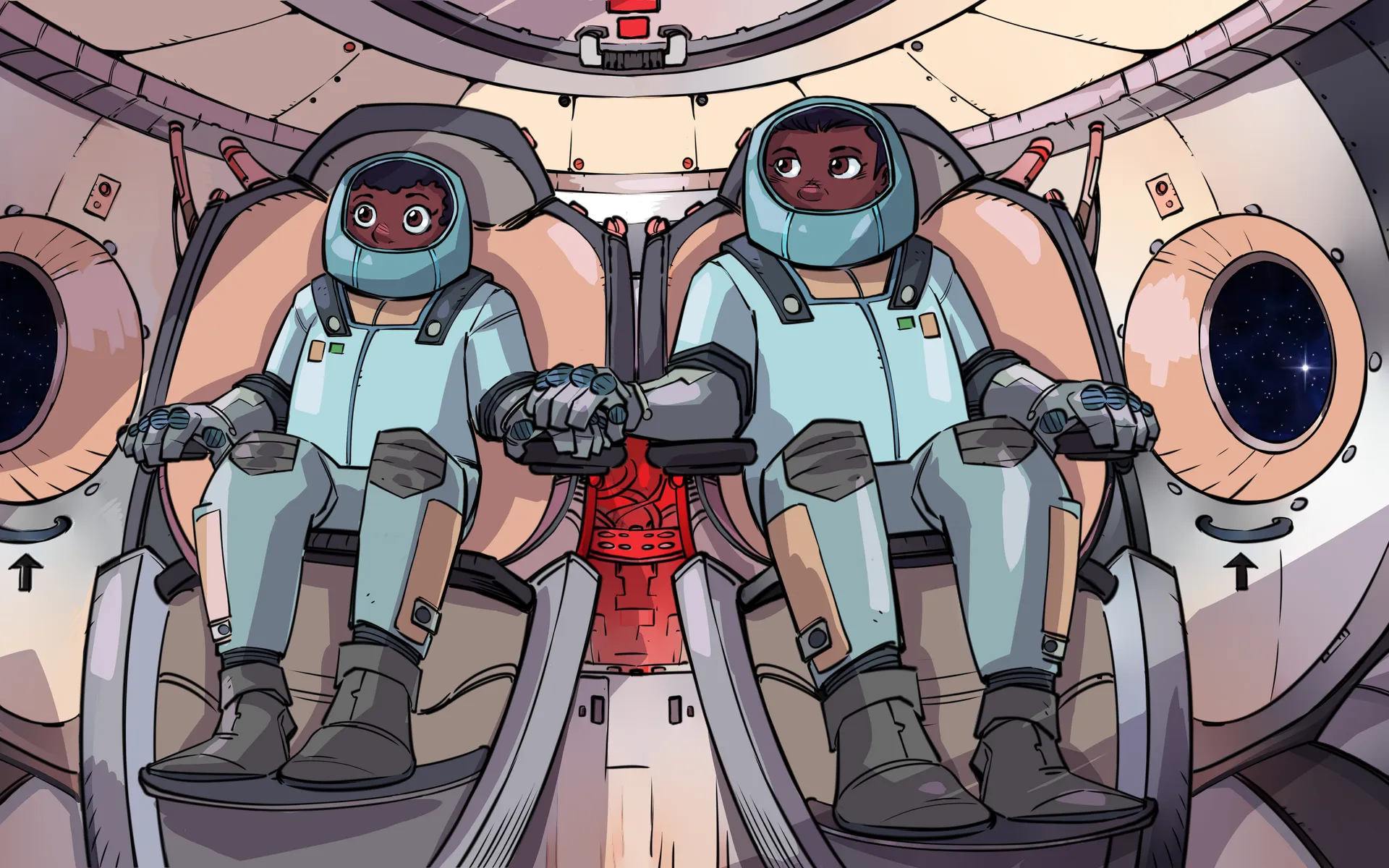 Soraya et son frère, Suhaïl, sont assis, bien calés dans des fauteuils d’une navette spatiale. Suhaïl tient la main de Soraya qui affiche une expression de peur. Les deux portent une combinaison spatiale.